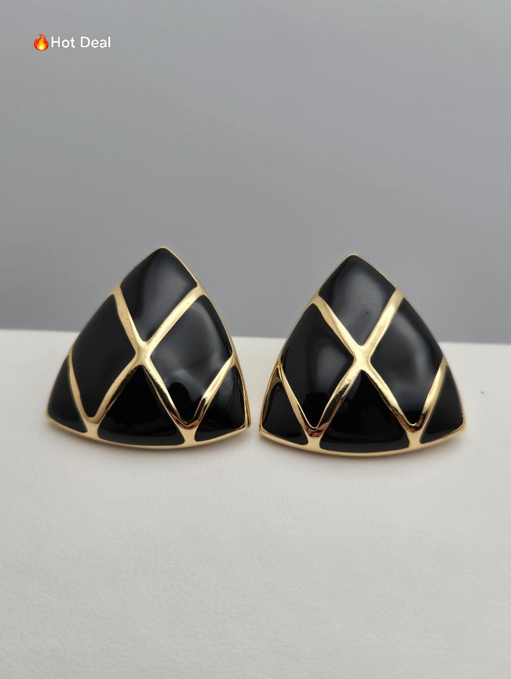 Vendome Black Enamel Triangle Clip-On Earrings Gold Tone Geometric 1980s